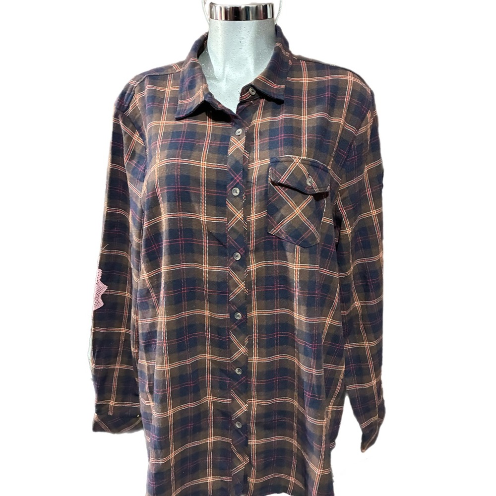 ODDY Plaid Shirt Crochet Doily Elbow Patches Plus Size 3XL Cottagecore Navy/Tan